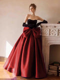Modest Ball Gown Strapless Burgundy Prom Dress With Bow Long Prom Dresses HZ1024