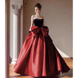 Modest Ball Gown Strapless Burgundy Prom Dress With Bow Long Prom Dresses HZ1024