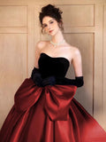 Modest Ball Gown Strapless Burgundy Prom Dress With Bow Long Prom Dresses HZ1024