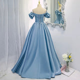 Modest Ball Gown Off The Shoulder Long Light Sky Blue Sweet 16 Dress Prom Dresses HZ1024