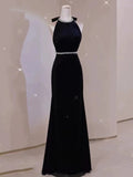 Elegant Sheath Sleeveless Black Velvet Backless Long Prom Dresses HZ1024