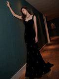 Elegant Sheath Straps Sleeveless Black Velvet Silver Beads Long Prom Dresses HZ1024