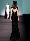 Elegant Sheath Straps Sleeveless Black Velvet Silver Beads Long Prom Dresses HZ1024