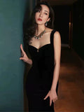 Elegant Sheath Straps Sleeveless Black Velvet Silver Beads Long Prom Dresses HZ1024