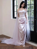 Elegant Sheath Off The Shoulder Lilac Silk Satin Long Prom Dresses HZ1024