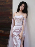 Elegant Sheath Off The Shoulder Lilac Silk Satin Long Prom Dresses HZ1024