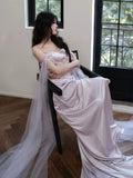 Elegant Sheath Off The Shoulder Lilac Silk Satin Long Prom Dresses HZ1024