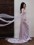 Elegant Sheath Off The Shoulder Lilac Silk Satin Long Prom Dresses HZ1024