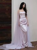 Elegant Sheath Off The Shoulder Lilac Silk Satin Long Prom Dresses HZ1024