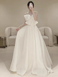 Timeless A line Strapless Long Satin White Wedding Dresses With Bow HZ1024
