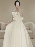 Timeless A line Strapless Long Satin White Wedding Dresses With Bow HZ1024