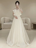 Timeless A line Strapless Long Satin White Wedding Dresses With Bow HZ1024