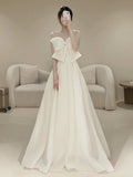 Timeless A line Strapless Long Satin White Wedding Dresses With Bow HZ1024