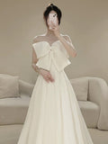 Timeless A line Strapless Long Satin White Wedding Dresses With Bow HZ1024