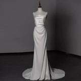 Timeless Sheath Straps Long Satin White Wedding Dresses With Beads HZ1024