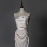 Timeless Sheath Straps Long Satin White Wedding Dresses With Beads HZ1024