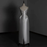Timeless A line Sweetheart Long Satin White Wedding Dresses With Silver Beads HZ1024