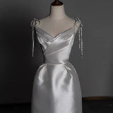 Timeless A line Sweetheart Long Satin White Wedding Dresses With Silver Beads HZ1024