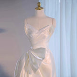 Simple High Low Sweetheart Long Satin White Wedding Dresses With Ruffles HZ1024