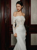 Unique Mermaid Off The Shoulder Lace Long Sleeves White Wedding Dresses HZ1024