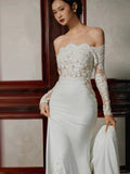 Unique Mermaid Off The Shoulder Lace Long Sleeves White Wedding Dresses HZ1024
