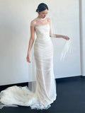 Unique Mermaid Strapless Tulle White Wedding Dresses With Ribbon HZ1024