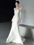 Unique Mermaid Square Neckline Long Sleeves White Satin Wedding Dresses HZ1024