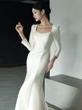 Unique Mermaid Square Neckline Long Sleeves White Satin Wedding Dresses HZ1024