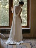 Unique A line High Neckline Chiffon Long Pearls White Wedding Dresses With Ruffles HZ1024