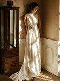 Unique A line High Neckline Chiffon Long Pearls White Wedding Dresses With Ruffles HZ1024