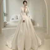 Unique A line V Neckline Long Sleeves Satin White Wedding Dresses HZ1024