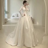 Unique A line V Neckline Long Sleeves Satin White Wedding Dresses HZ1024