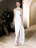 Unique Sheath Strapless Satin Slit White Wedding Dresses With Ribbon HZ1024
