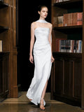 Unique Sheath Strapless Satin Slit White Wedding Dresses With Ribbon HZ1024