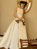 Unique Ball Gown Scoop Satin Backless Long White Wedding Dresses HZ1024