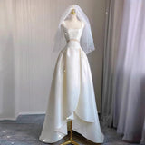 Unique High Low Straps Satin Long White Wedding Dresses HZ1024