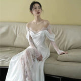 Unique Sheath Off The Shoulder Satin Long Sleeves White Slit Wedding Dresses HZ1024