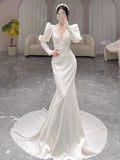 Sexy Mermaid V Neckline Satin Long Sleeves White Wedding Dresses With Buttons HZ1024