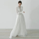 Chic A line High Neckline Lace Long Sleeves White Wedding Dresses HZ1024