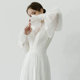 Chic A line High Neckline Lace Long Sleeves White Wedding Dresses HZ1024