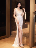 Unique Sheath Straps Satin Long White Slit Pearls Wedding Dresses HZ1024