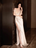 Unique Sheath Straps Satin Long White Slit Pearls Wedding Dresses HZ1024