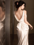Unique Sheath Straps Satin Long White Slit Pearls Wedding Dresses HZ1024