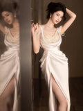 Unique Sheath Straps Satin Long White Slit Pearls Wedding Dresses HZ1024
