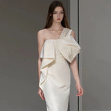 Sexy Sheath One Shoulder Satin Long White Wedding Dresses With Bow HZ1024