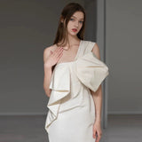 Sexy Sheath One Shoulder Satin Long White Wedding Dresses With Bow HZ1024