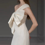 Sexy Sheath One Shoulder Satin Long White Wedding Dresses With Bow HZ1024
