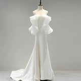 Sexy Sheath Off The Shoulder Chiffon Long White Wedding Dresses With Ruffles HZ1024