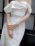 Sexy Sheath Off The Shoulder Lace Long White Wedding Dresses With Ribbon HZ1024