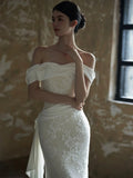 Sexy Sheath Off The Shoulder Lace Long White Wedding Dresses With Ribbon HZ1024